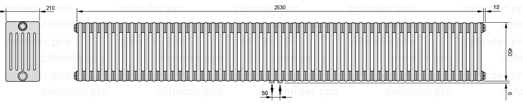 Схема (чертеж) Радиатор Zehnder Charleston 6045/55 №5410 Белый глянцевый RAL 9016